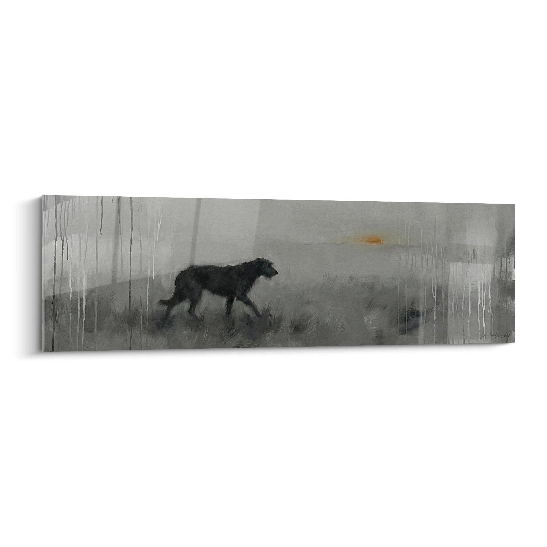 tableau irish wolfhound geant sous la pluie orage silhouette noire gris ocre art canin decoration