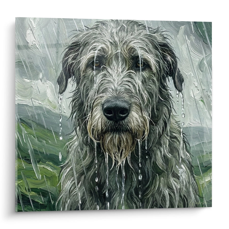 Tableau Chien Sous la Pluie aux Tons Gris et Verts - Regard Mélancolique - Edition Irish Wolfhound