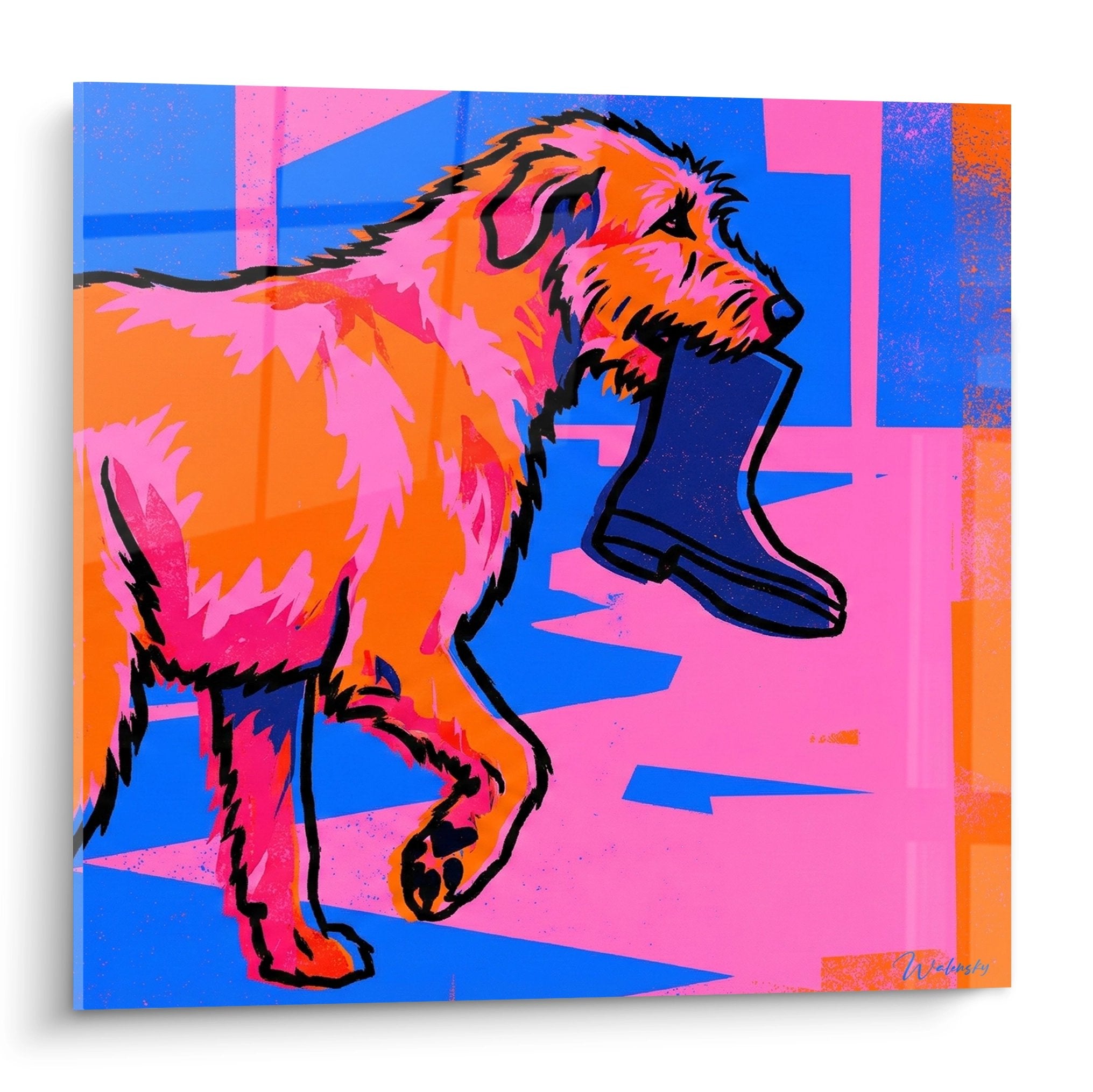 Tableau Irish Wolfhound rose orange tenant chaussure bleue style pop art fond geometrique