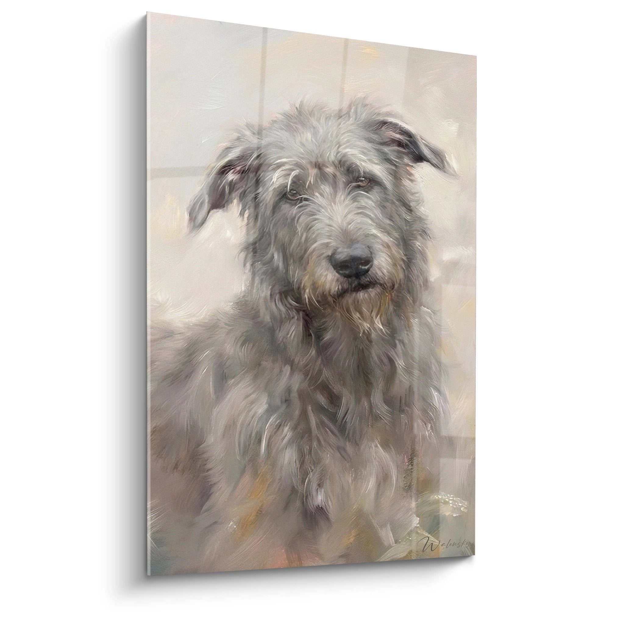 Portrait artistique Irish Wolfhound aux tons gris et beiges, regard mélancolique, style impressionniste sur toile