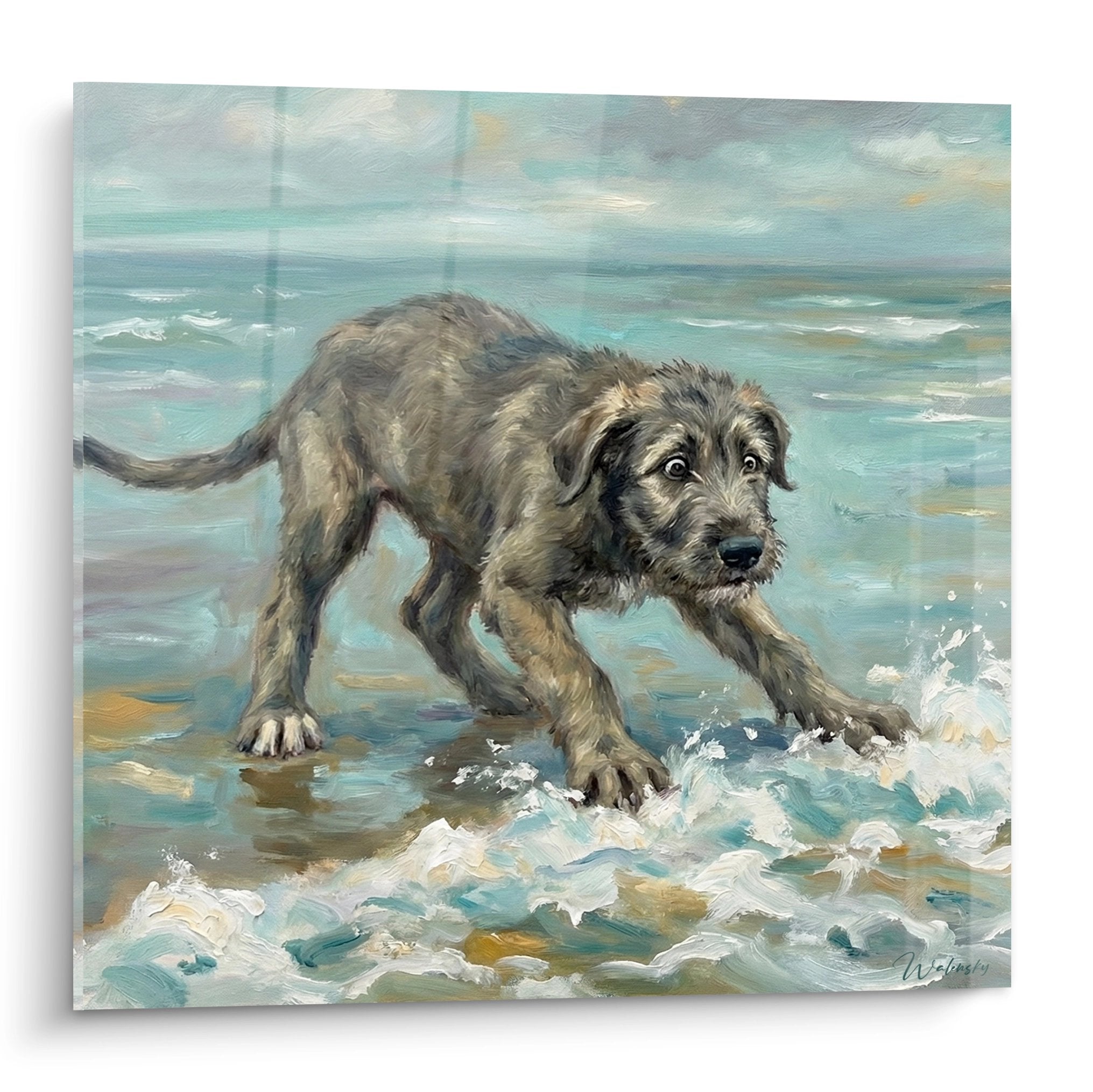 Tableau Irish Wolfhound aux tons dores traversant ecume oceanique turquoise peinture realiste