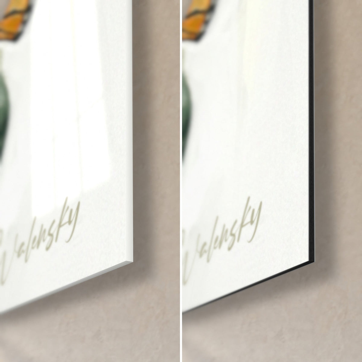 Schilderij van oranje monarchvlinder met zwarte randen, rechteronderhoek in glanzend glas links en mat zwart Dibond rechts