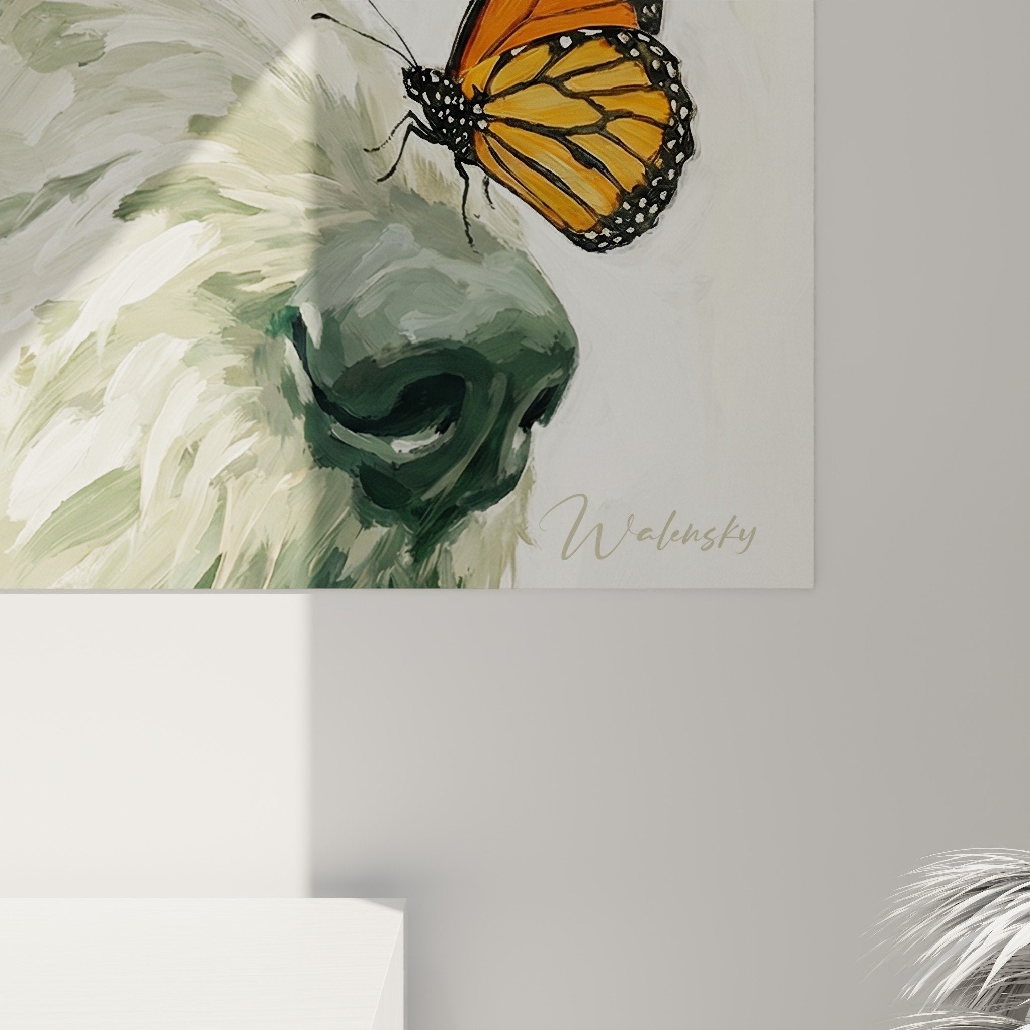 Vue ensemble tableau Irish Wolfhound portrait contemplatif tons naturels olive papillon decoration murale