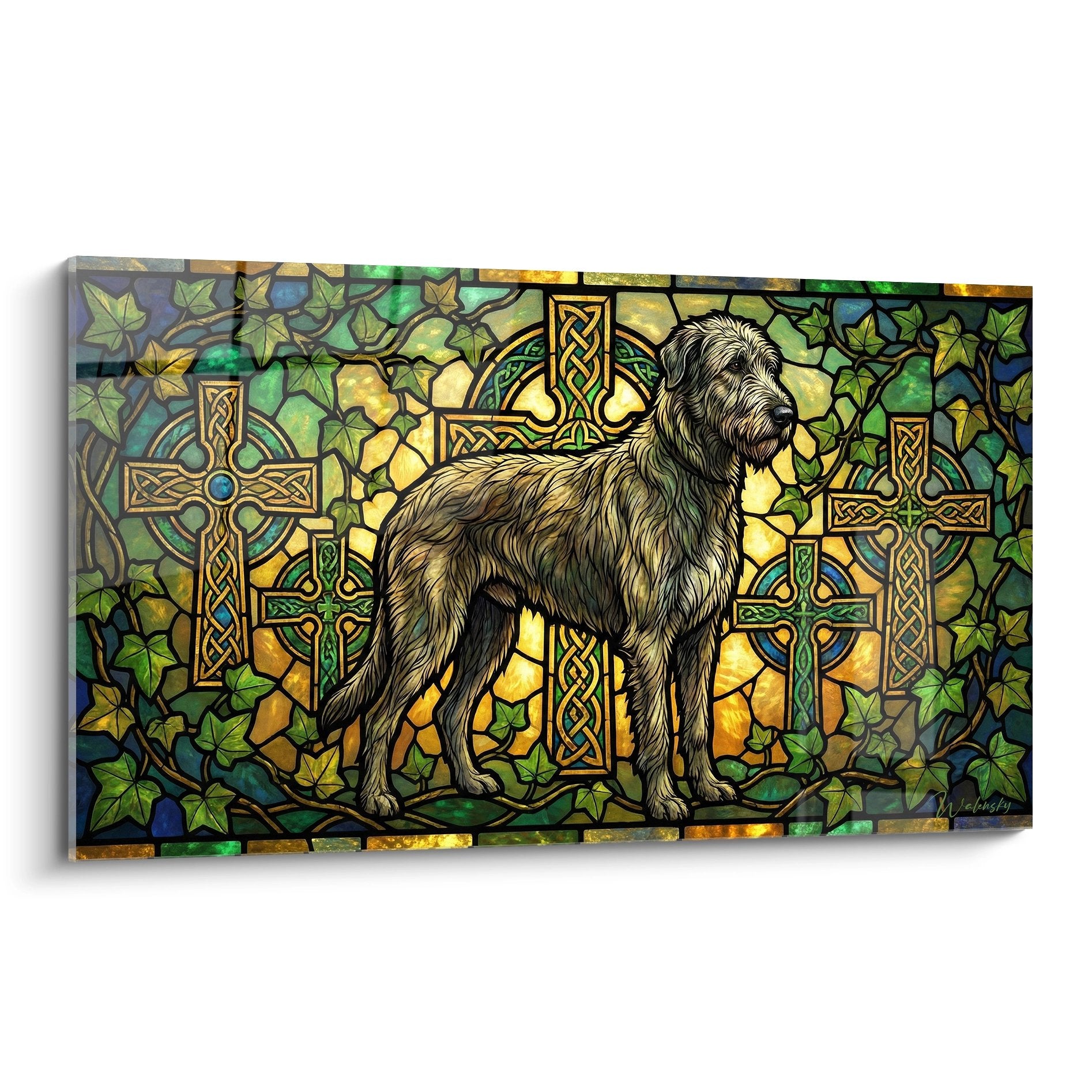 Tableau Irish Wolfhound majestueux sur fond vitrail celtique aux tons verts et dorés avec croix entrelacées