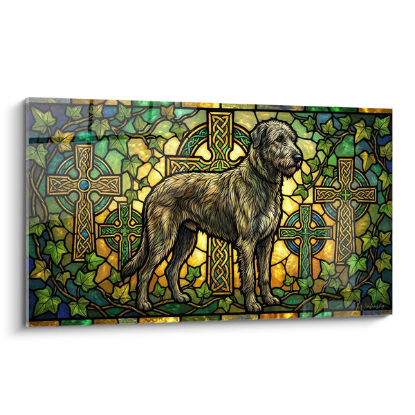 Gemälde Irischer Wolfshund Majestätisch auf Keltischem Buntglas-Hintergrund - Goldene und Grüne Harmonie - Irish Wolfhound Edition