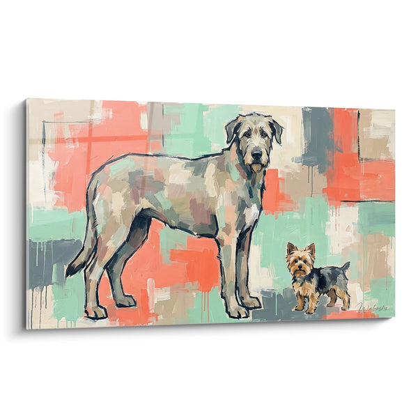 Tableau Irish Wolfhound Majestueux et Yorkshire Terrier sur Toile Abstraite Corail et Menthe - Contraste Canin - Edition Irish Wolfhound