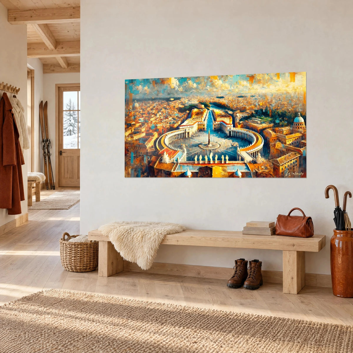 Schilderij Rome gespatteld, oranje daken en cyaanblauwe lucht, obelisk in het midden, op een witte muur van een chalet van lichte houten