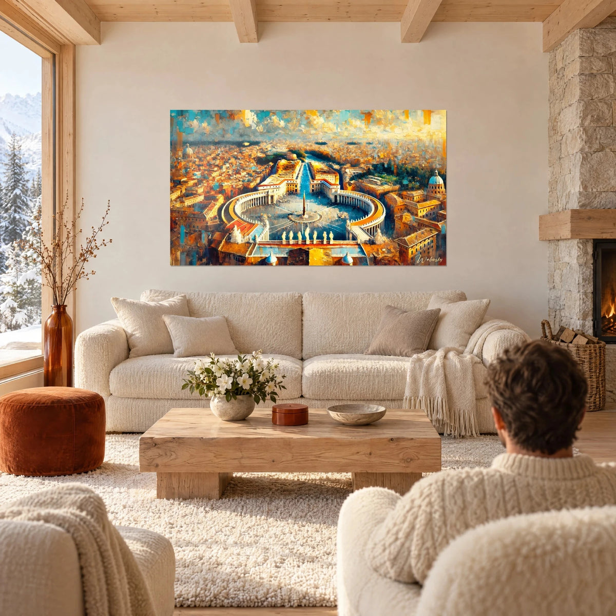 Schilderij Sint-Pietersplein van bovenaf gezien, okerkleurige zuilengangen en turquoise koepel, man van achteren, boven een bank in een lichte woonkamer