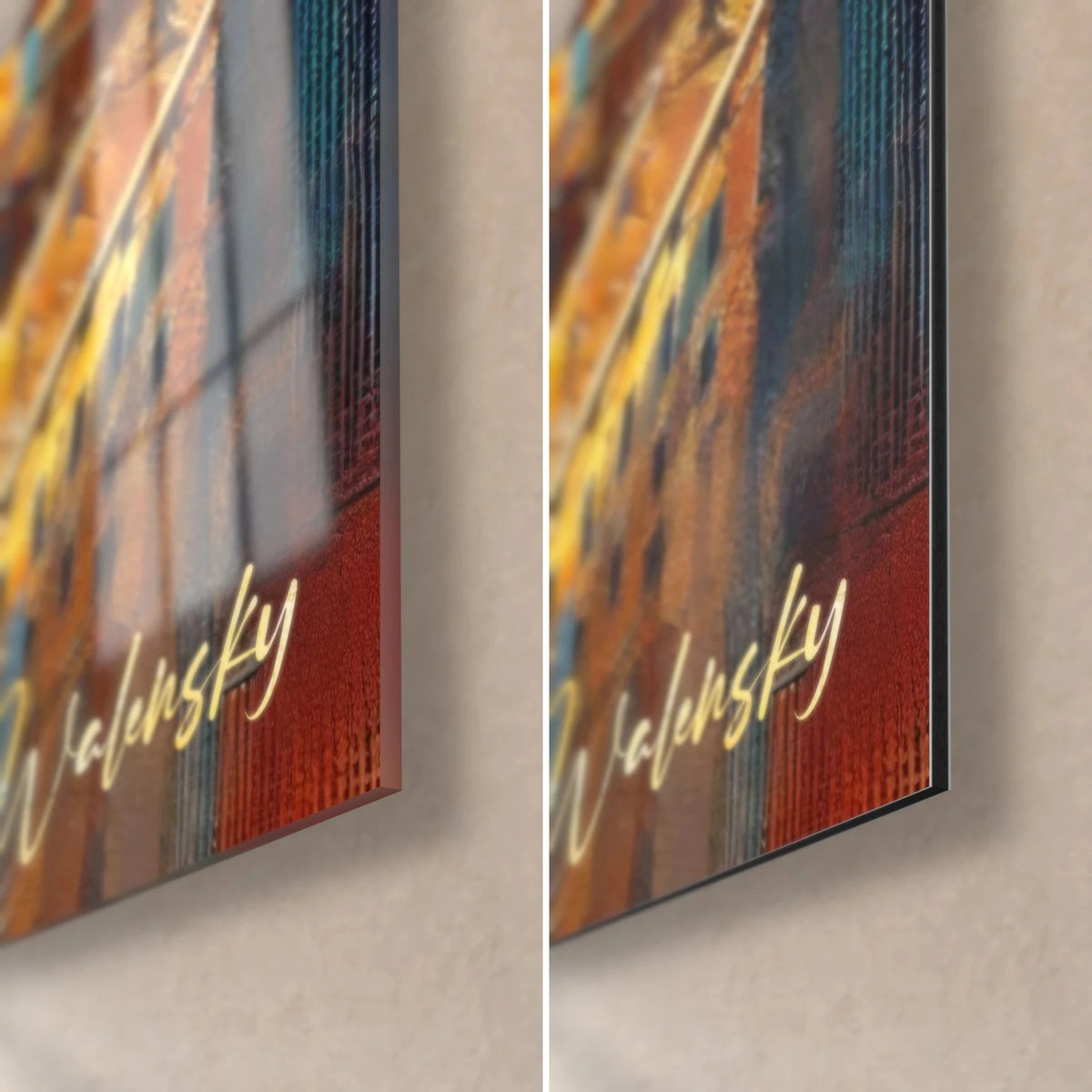 Schilderij Romeinse basiliek in oker- en blauwe toetsen, rechtsonder: glanzend glas links, mat Dibond rechts, rand van 3 mm