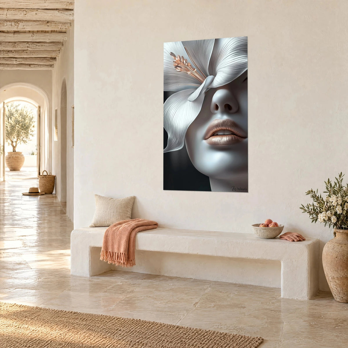 Wall art pearly lily with striped petals hiding a gaze, copper-colored lips on black background, hung three-quarter view in a hallway