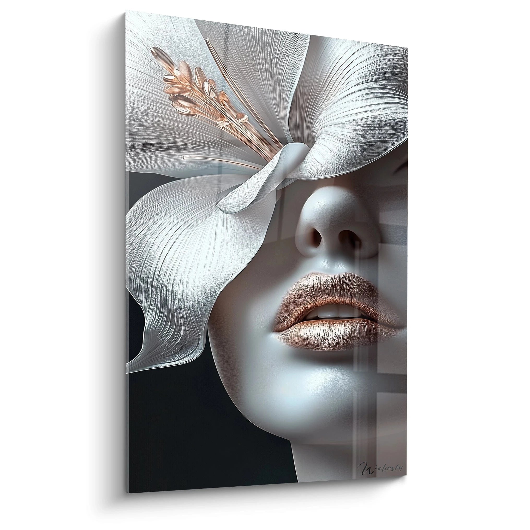 Un tableau fleur visage représentant la métamorphose entre un visage féminin et une fleur blanche délicate, avec des étamines or rose, une peau porcelaine et des lèvres métallisées cuivrées, créant un effet surréaliste sur fond noir profond.
