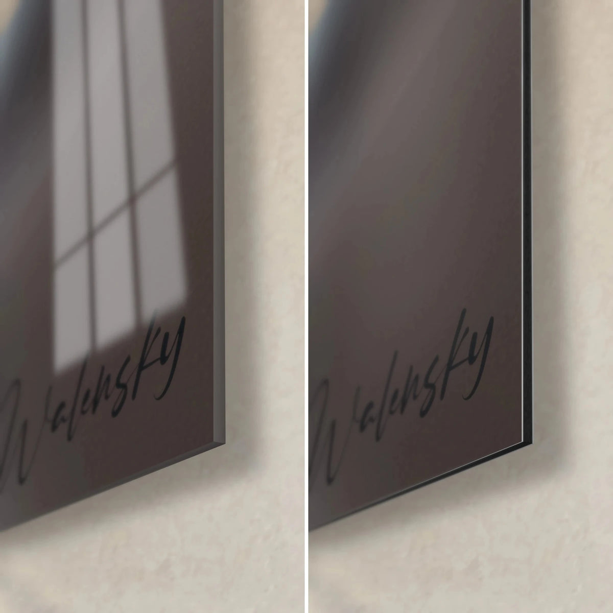 Wall art white lily and copper face, bottom right corner: glossy acrylic glass on the left, matte black Dibond aluminum on the right, 3 mm edge