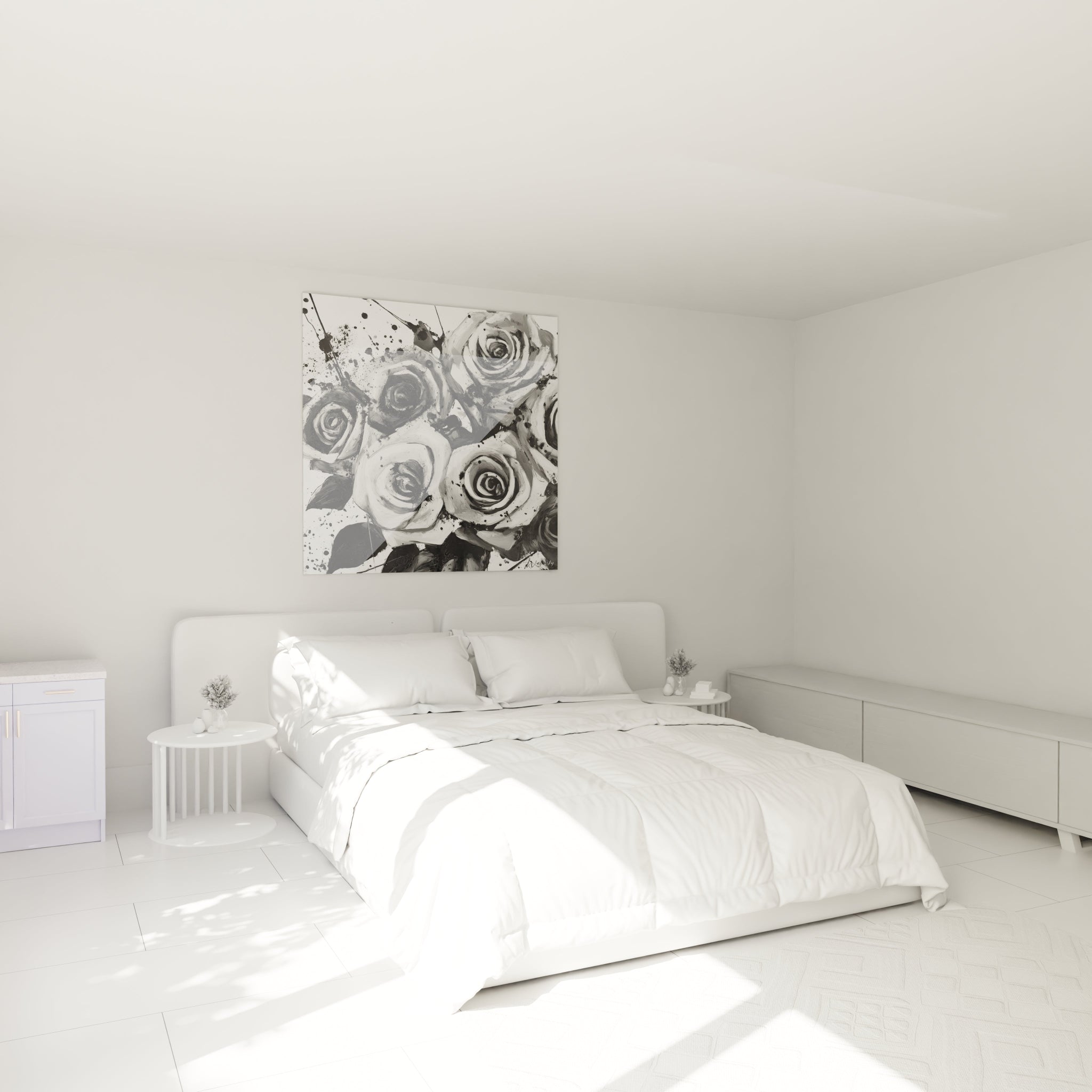 Tableau tacheté noir et blanc de roses sur un mur dans une chambre moderne et lumineuse