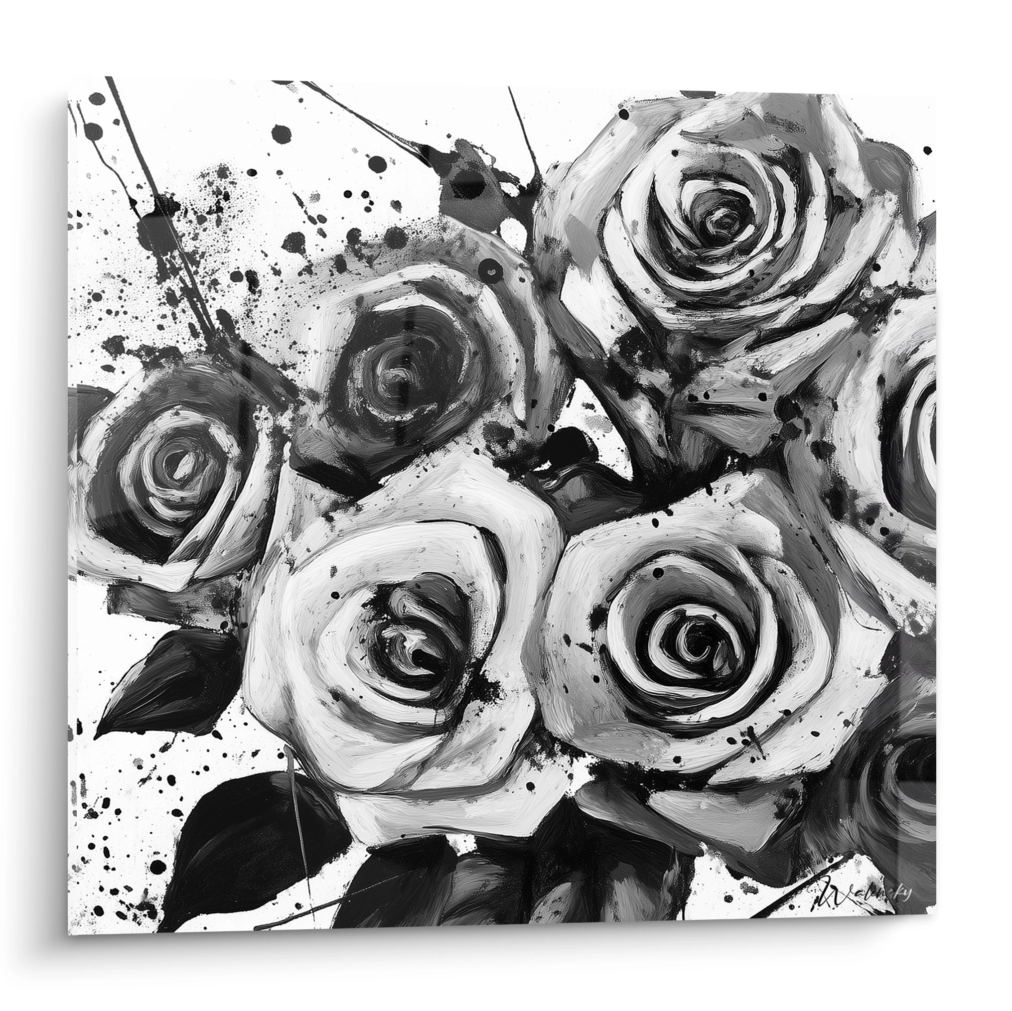 Tableau tacheté noir et blanc représentant des roses avec des éclaboussures artistiques de Walensky