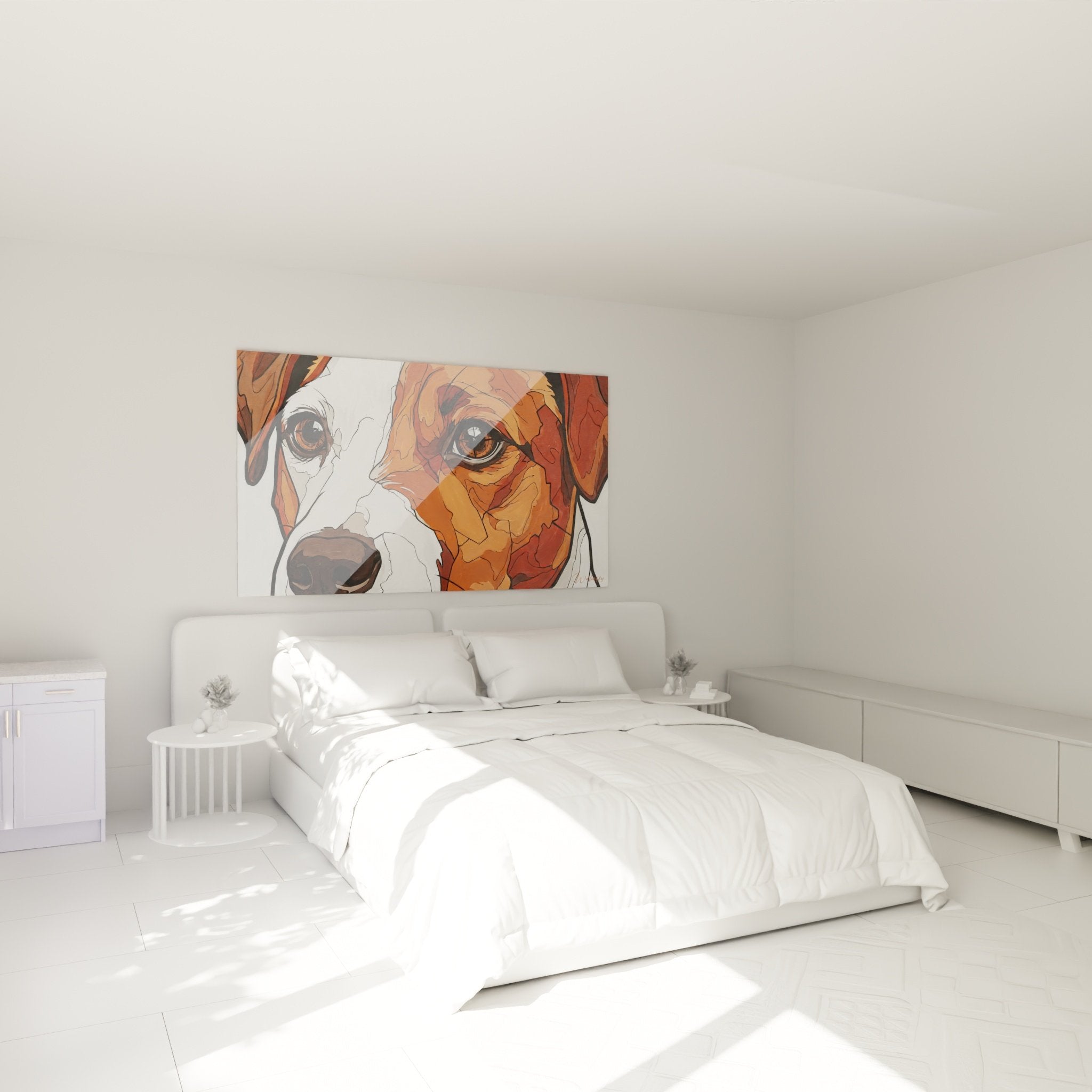 Tableau Jack Russel Terrier bicolore accroché au-dessus d'un lit dans chambre moderne aux tons neutres