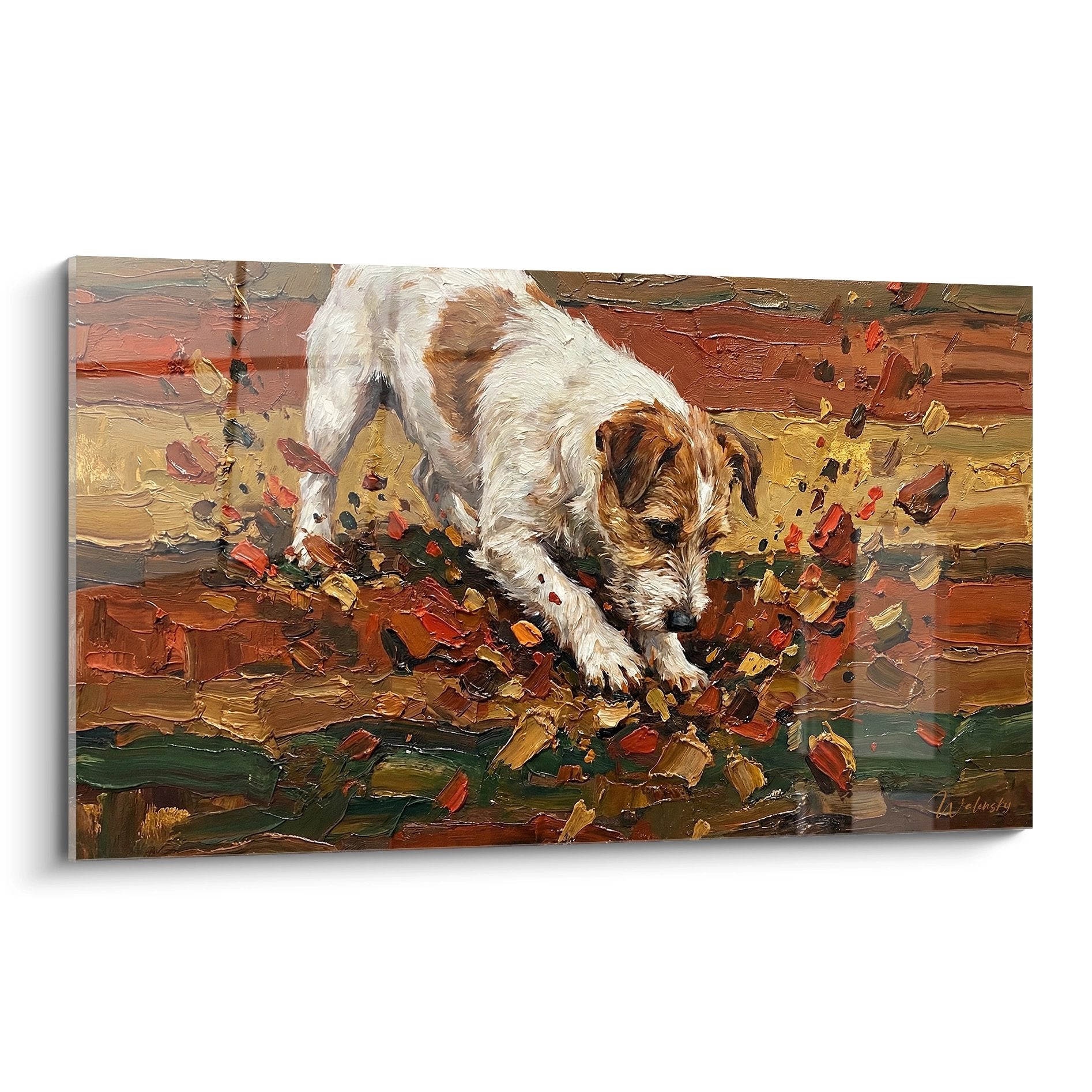Tableau jack russel terrier blanc et roux jouant dans feuilles automne couleurs chaudes peinture a l'huile