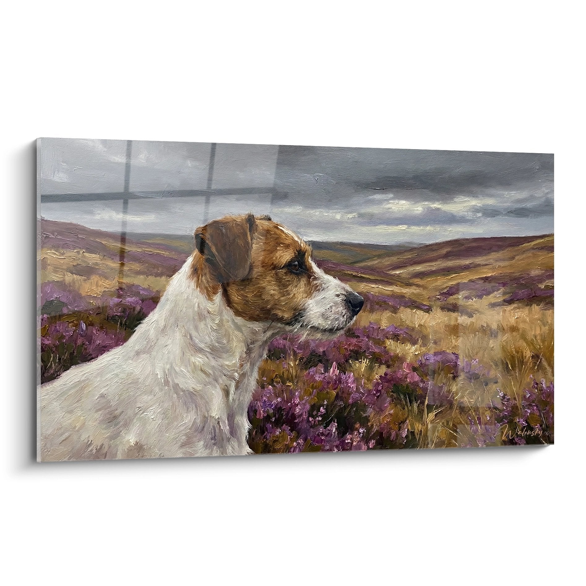 Tableau Jack Russel Terrier contemplant paysage bruyeres violettes collines ondulantes ciel nuageux peinture realiste