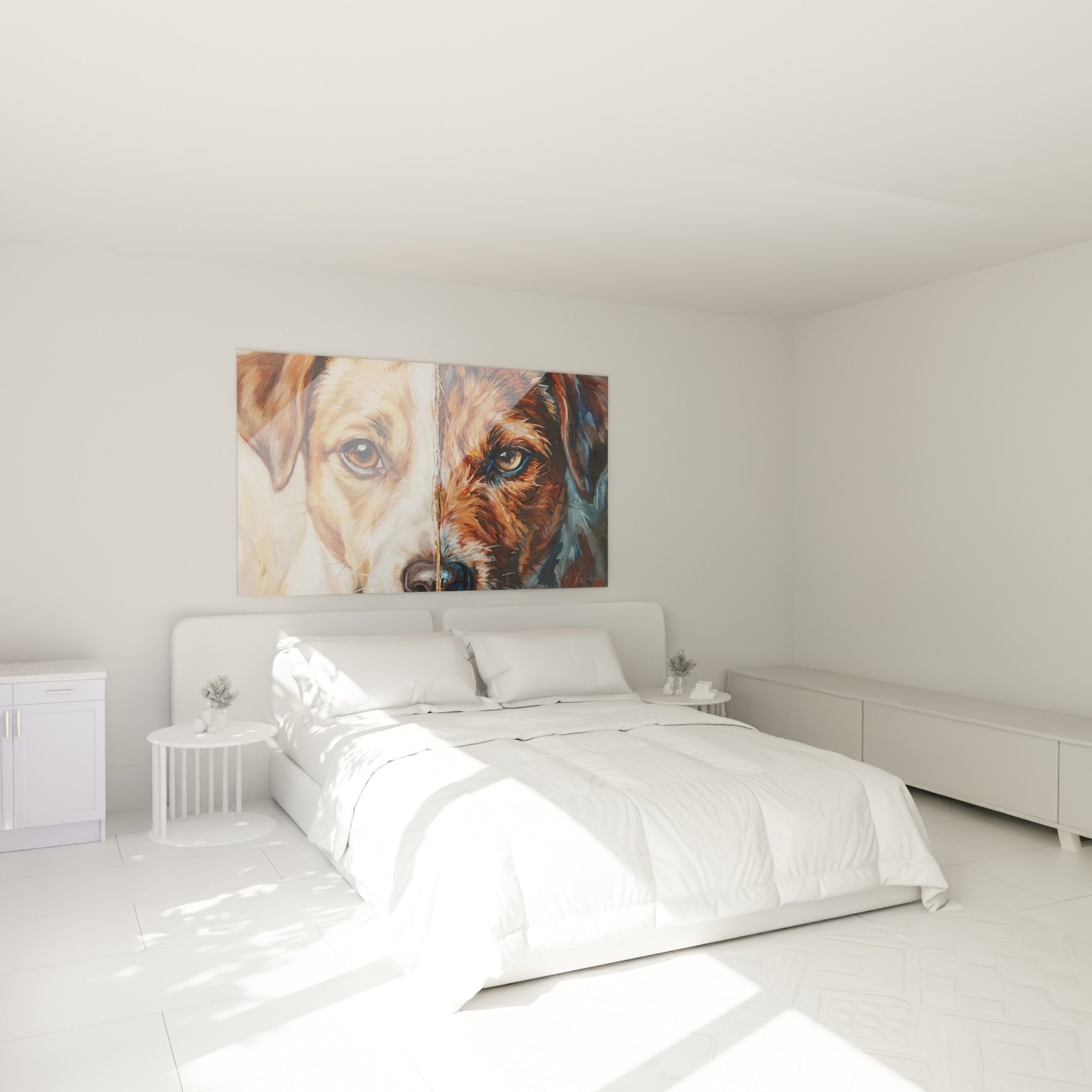 Tableau Jack Russel Terrier portrait divise chambre decoration murale art canin moderne tons cuivres bleus