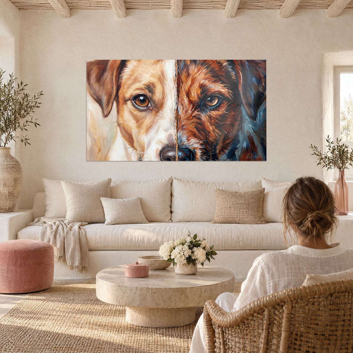 Gemälde Jack-Russell-Porträt in geteilter Ansicht, cremefarbenes und rotbraunes Fell, bernsteinfarbener Blick, über einem Sofa in einem hellen Wohnzimmer