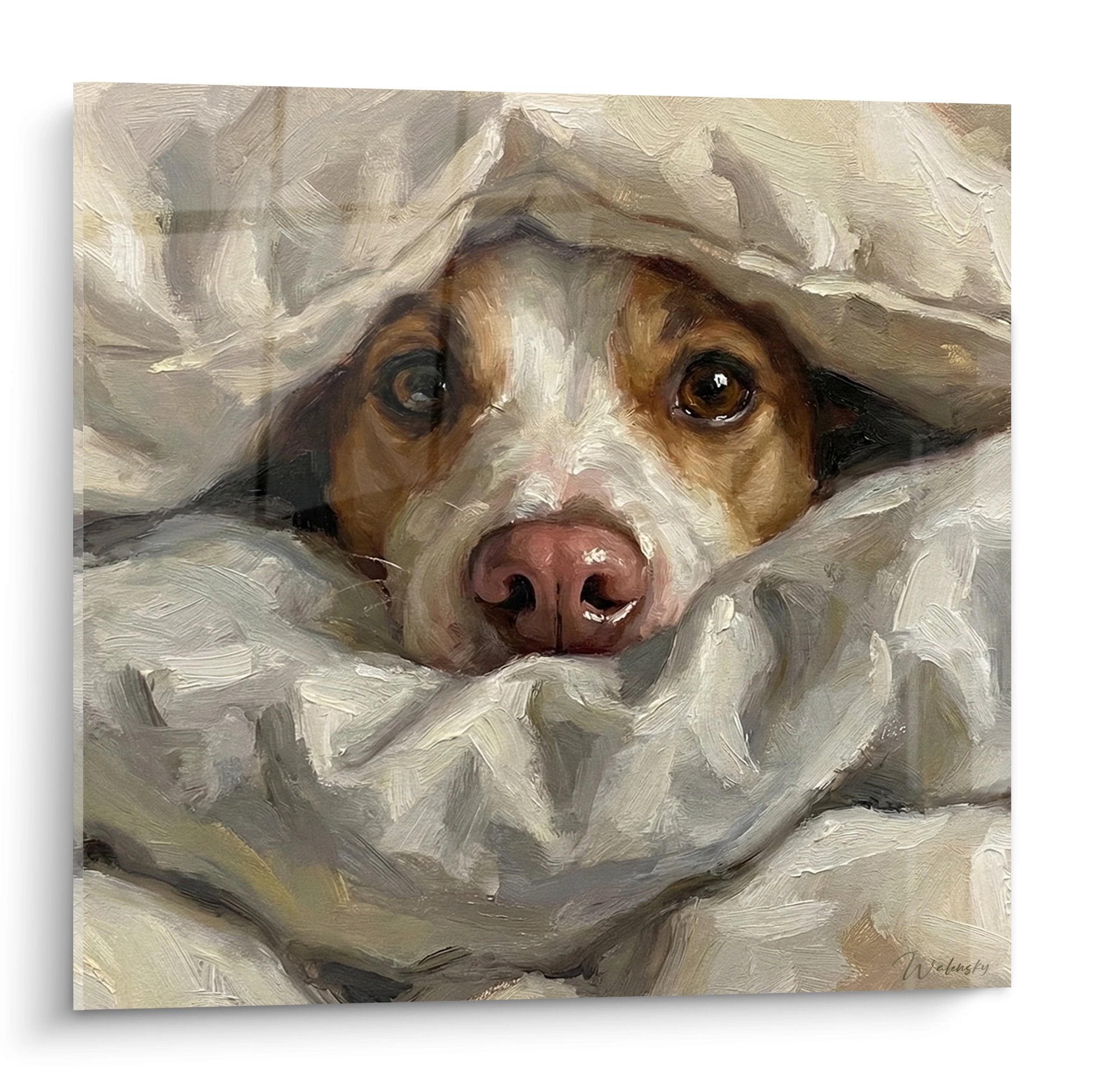 Tableau peinture Jack Russel Terrier blotti sous couverture beige avec yeux expressifs bruns tendres