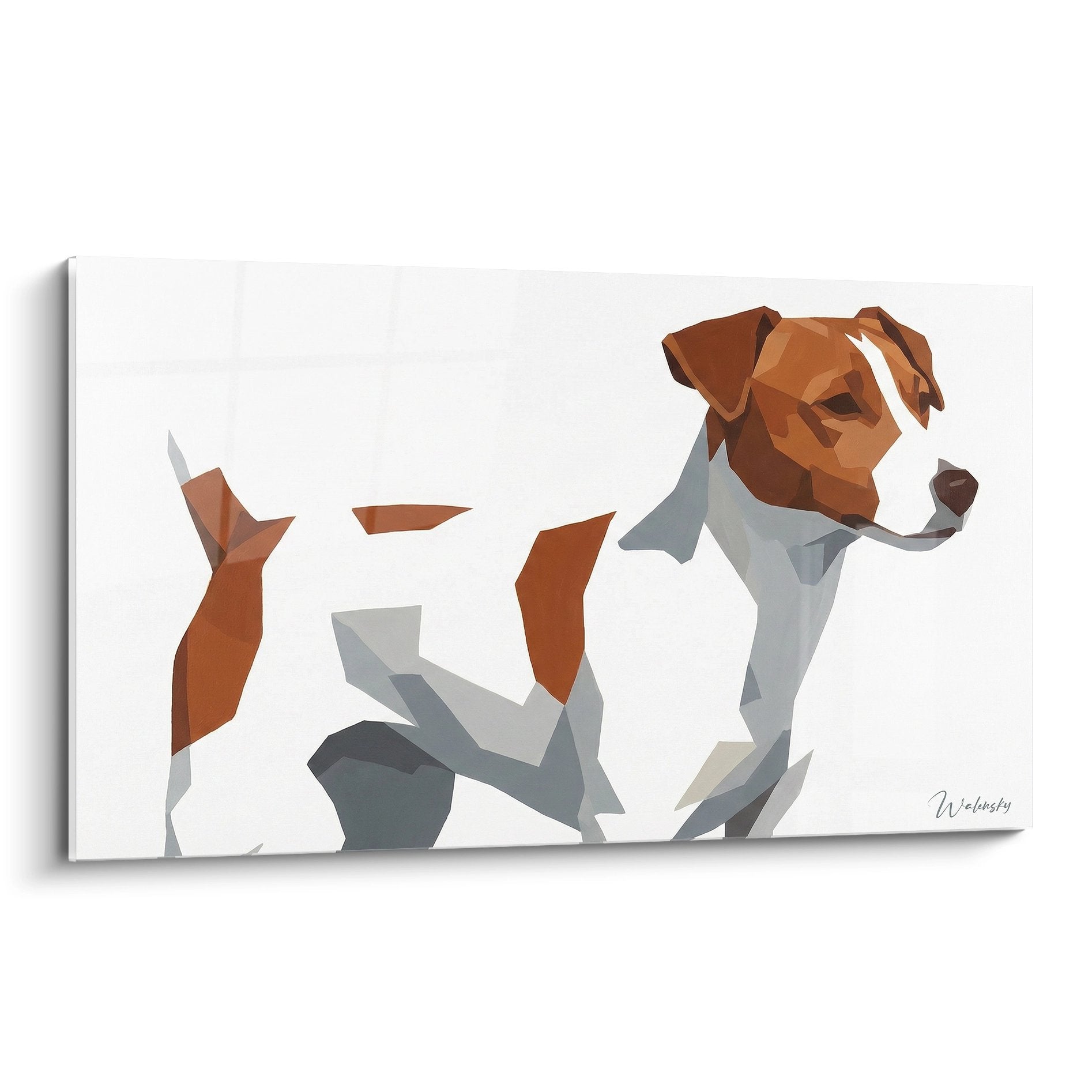 Tableau mural jack russel terrier style géométrique polygonal tons roux blanc sur fond clair art moderne canin