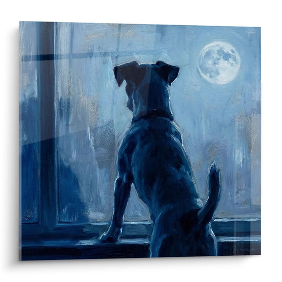 Jack Russell Terrier silhouette blue painting contemplating full moon from window nocturnal art
