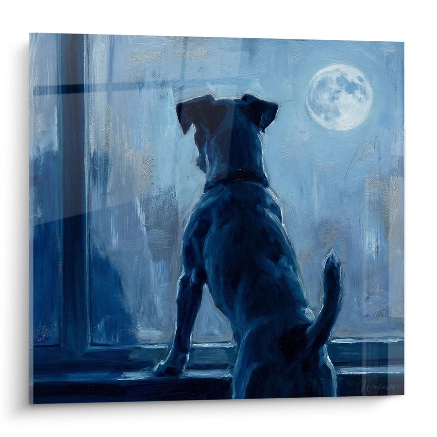 Cuadro Perro Silueta Azul Contemplando la Luna - Meditación Nocturna - Edición Jack Russell Terrier