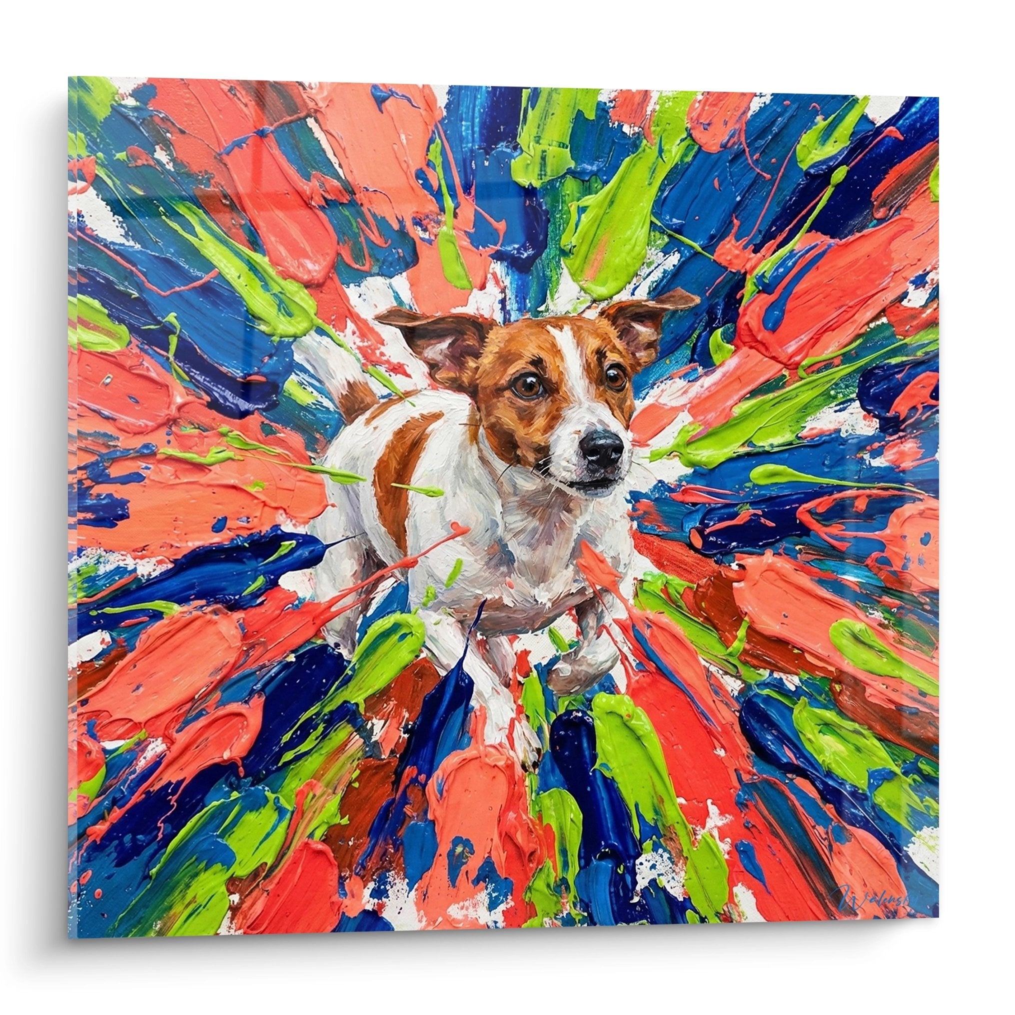 tableau jack russell terrier explosion couleurs vives orange bleu vert peinture abstraite art contemporain