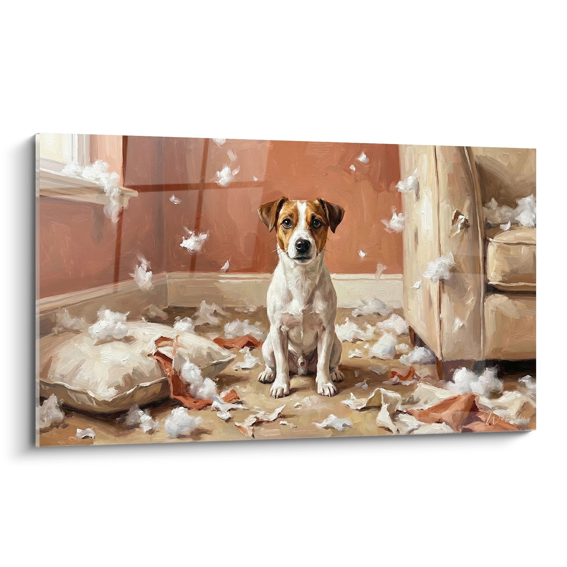 Tableau jack russell terrier assis milieu plumes blanches dispersees fond orange chaleureux peinture realiste