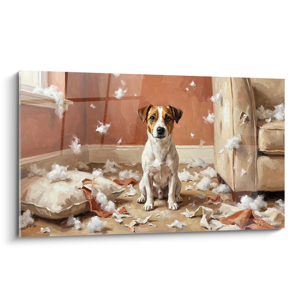 Cuadro de Perro Travieso en un Desorden de Plumas - Aventura Canina - Edición Jack Russell Terrier