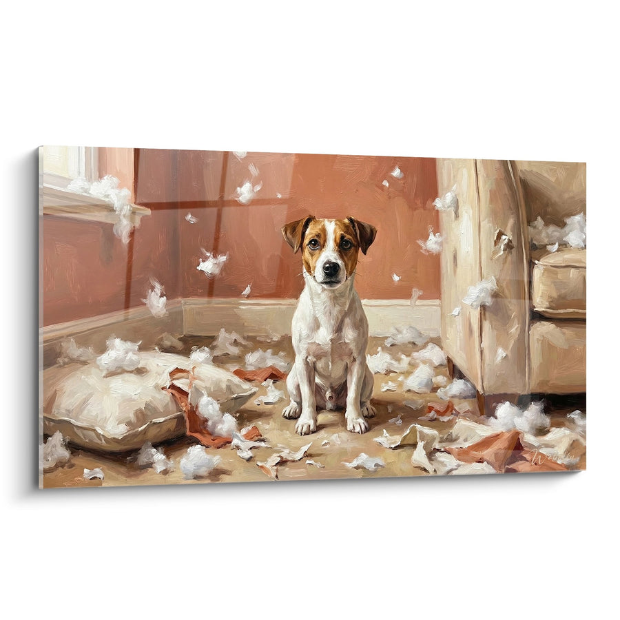 Gemälde Frecher Hund im Federchaos - Canine Flucht - Jack Russell Terrier Edition