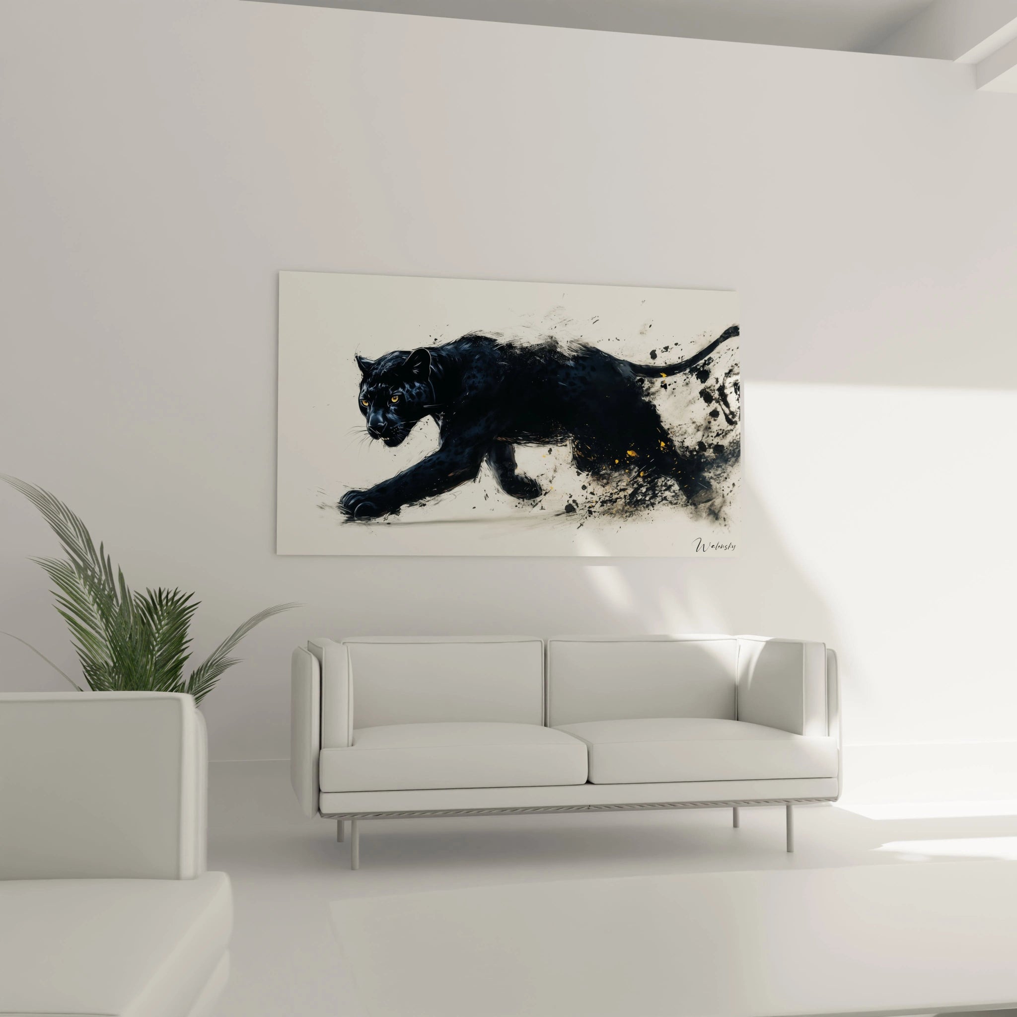 Un tableau jaguar expressif montrant un félin noir aux contours partiellement dissous, capturé dans un instant de mouvement fluide sur fond blanc, avec contraste dramatique entre la fourrure sombre et les yeux dorés perçants.
