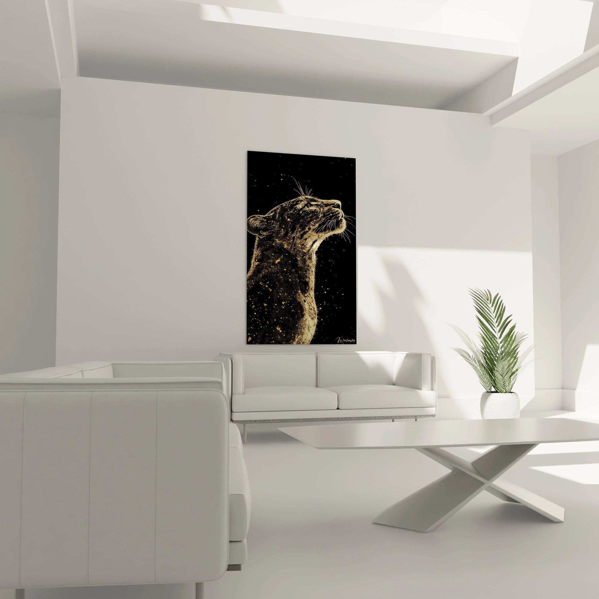 Un tableau jaguar artistique présentant une vue de profil du félin regardant vers le haut, réalisé en technique dorée sur fond noir absorbant. Les détails précis des moustaches et du contour facial contrastent avec l'effet poudreux du pelage parsemé d'éclats lumineux.
