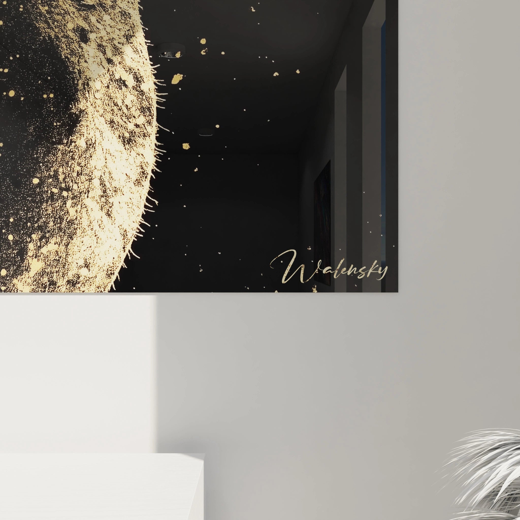 Un tableau jaguar expressif capturant l'essence noble du félin sauvage avec une palette réduite à l'or et au noir. La technique utilisée crée un effet de constellation où le jaguar semble émerger d'un ciel étoilé, avec des textures variées allant du lisse au granuleux.

