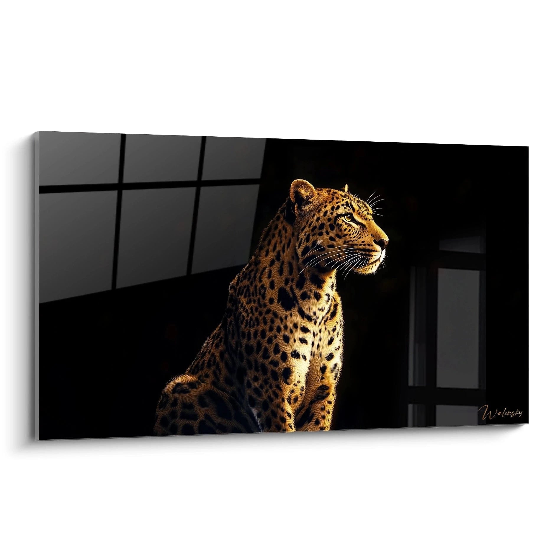 Un tableau jaguar présentant un profil majestueux du félin tacheté sur fond noir. Le pelage doré aux rosettes noires caractéristiques est minutieusement détaillé, avec un rendu réaliste des textures et un jeu d'ombre et de lumière saisissant.
