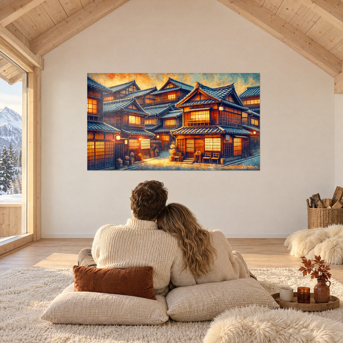 Cuadro de una calle de casas japonesas, tejas azul acero, ventanas incandescentes y cielo pintado en naranja, frente a una pareja sobre cojines de chalet