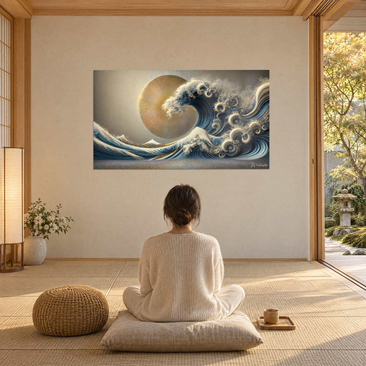 Πίνακας Hokusai επανερμηνευμένος σε ανάγλυφο, κύμα κοβαλτί και μπεζ αφρός, χρυσό φεγγάρι με ραβδώσεις, γυναίκα από πίσω καθισμένη σε διαλογισμό στο ιαπωνικό σαλόνι