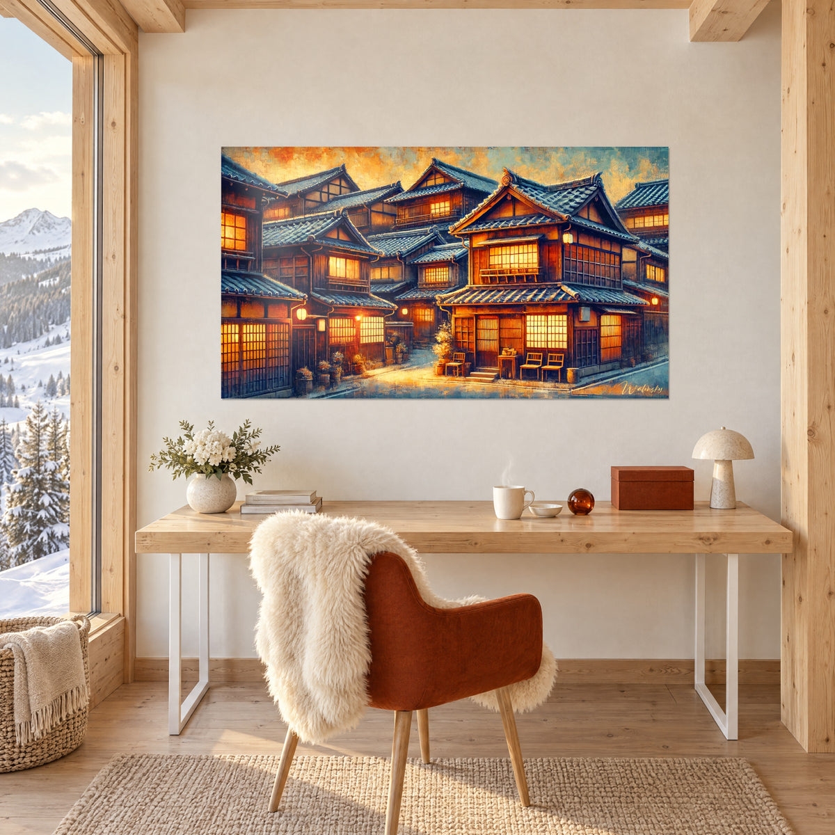 Cuadro de un pueblo japonés al atardecer, luz anaranjada tras los shoji, cielo ocre y turquesa, encima de un escritorio de madera clara
