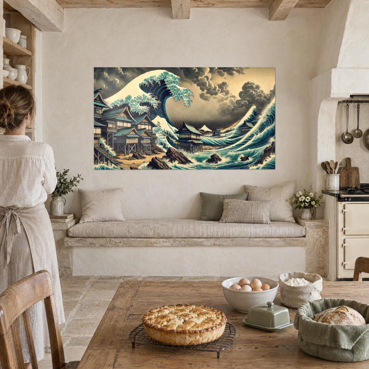 Obraz fali tsunami à la Hokusai, białe szpony piany na głęboko niebieskiej wodzie, brązowe niebo, naprzeciw kamiennej kuchni