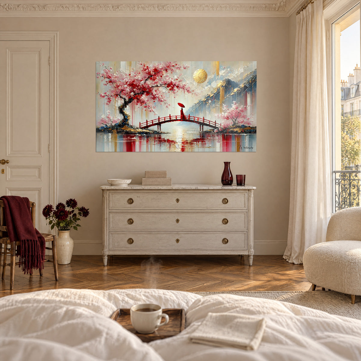 Tableau silhouette à l'ombrelle écarlate sur une passerelle, branches roses et or, au-dessus d'un lit dans une chambre claire