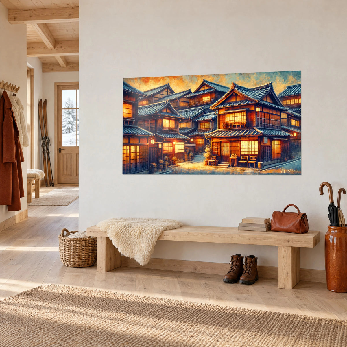 Gemälde traditioneller Häuser aus Kyoto mit leuchtend orangefarbenen Gittersprossenfenstern und schiefergrauen Dächern, aus einer Dreiviertelansicht an einer weißen Chaletwand