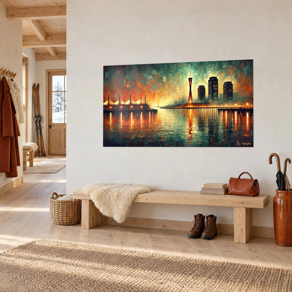 Tableau skyline nocturne de Kobe, trois gratte-ciel sombres et voiles blanches, tons orange et cyan, sur un mur de chalet
