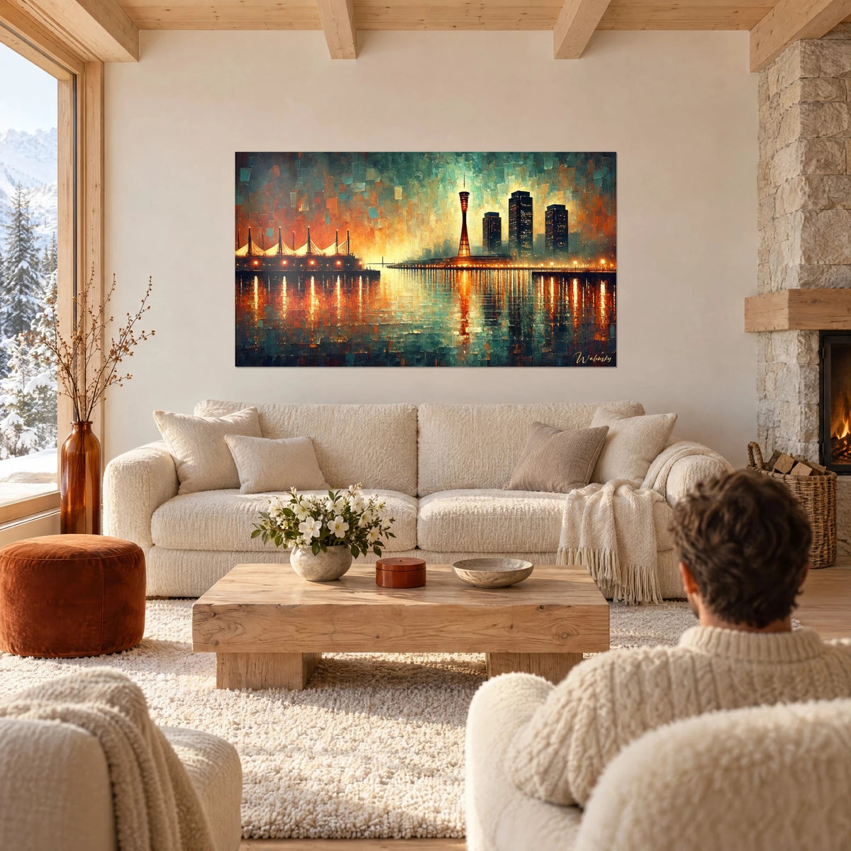 Tableau tour de port rouge se reflétant dans l'eau ambre et turquoise, au-dessus d'un canapé dans un salon lumineux