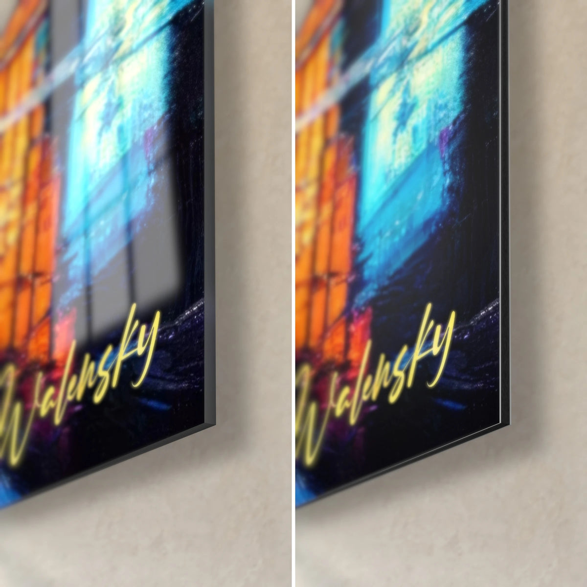 Schilderij fietser in een neonstraat in Tokio, rechtsonder: glanzend acrylglas links, mat Dibond-aluminium rechts, 3 mm rand