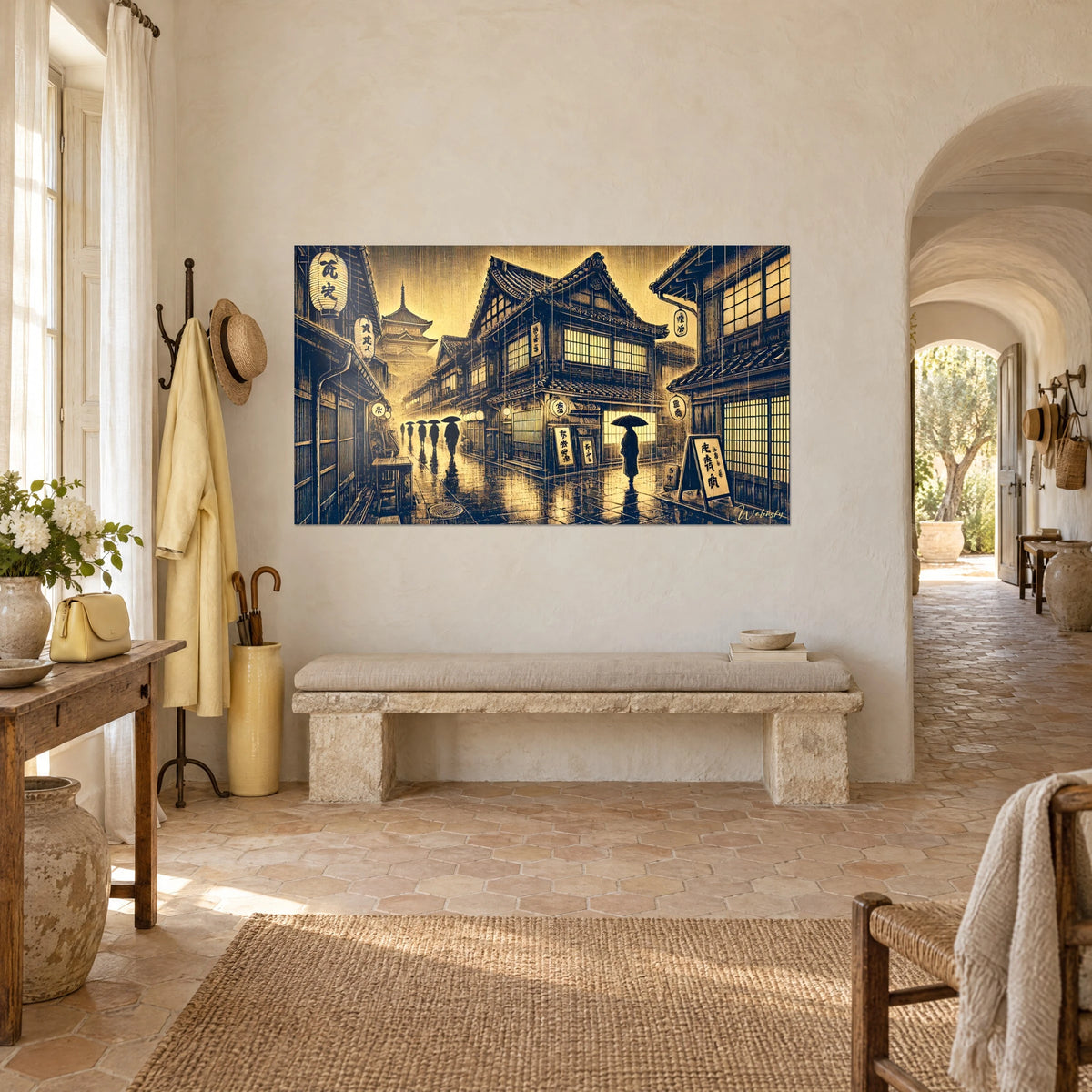 Quadro antica strada giapponese immersa nella pioggia, lanterne di carta ocra e tetti blu notte, visto di tre quarti in un casale provenzale