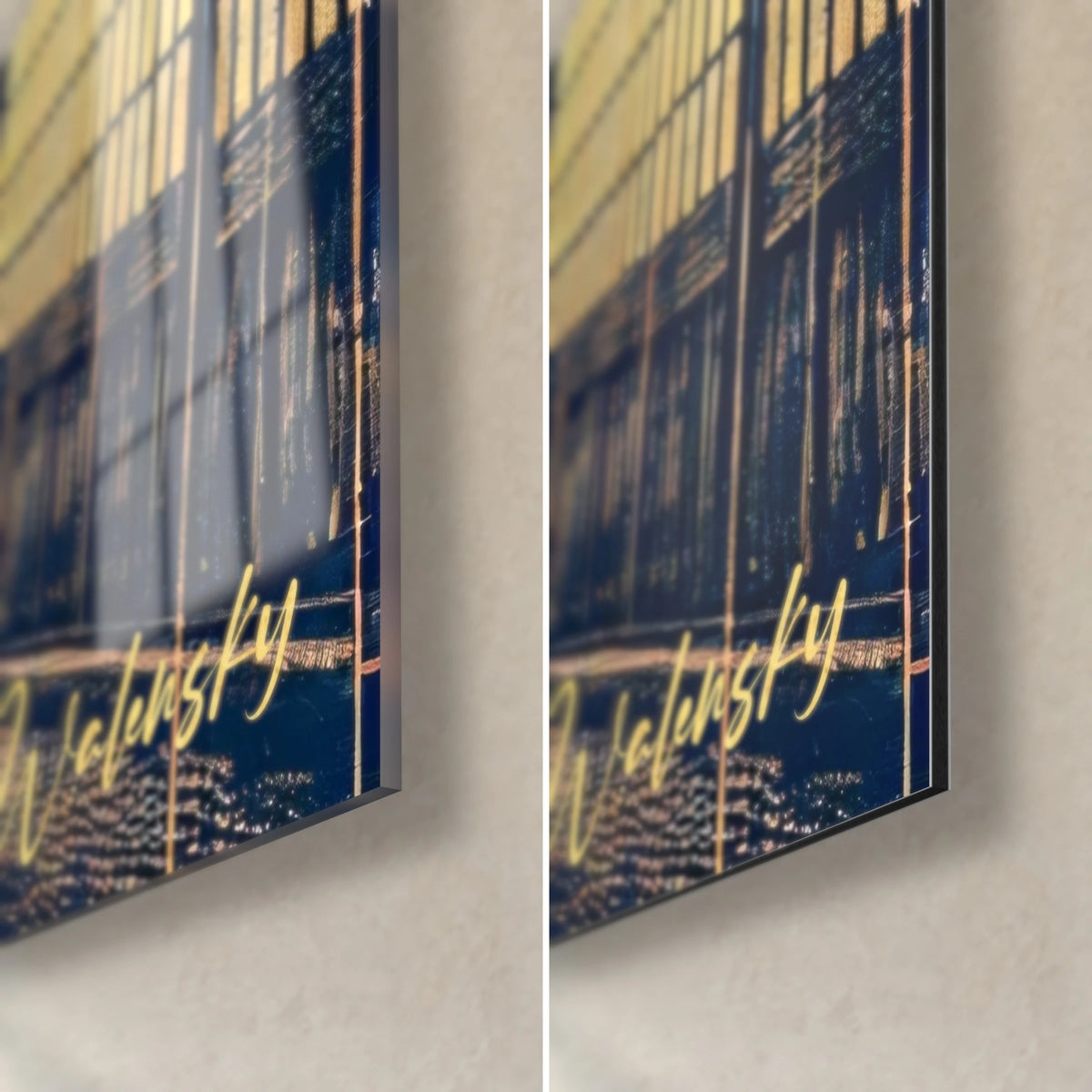 Quadro passante con l'ombrello sotto il acquazzone, angolo in basso a destra: vetro lucido che riflette l'ocra e Dibond opaco blu notte, bordo da 3 mm