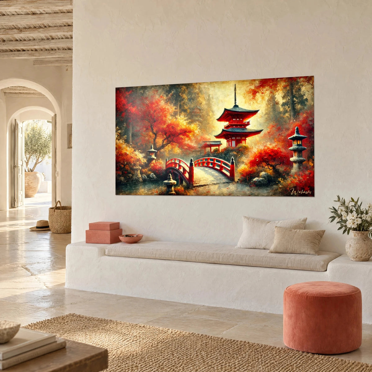 Schilderij van een Japanse herfsttuin met rood en goudkleurig gebladerte, stenen lantaarns, aan een witte muur van een Mediterraans huis