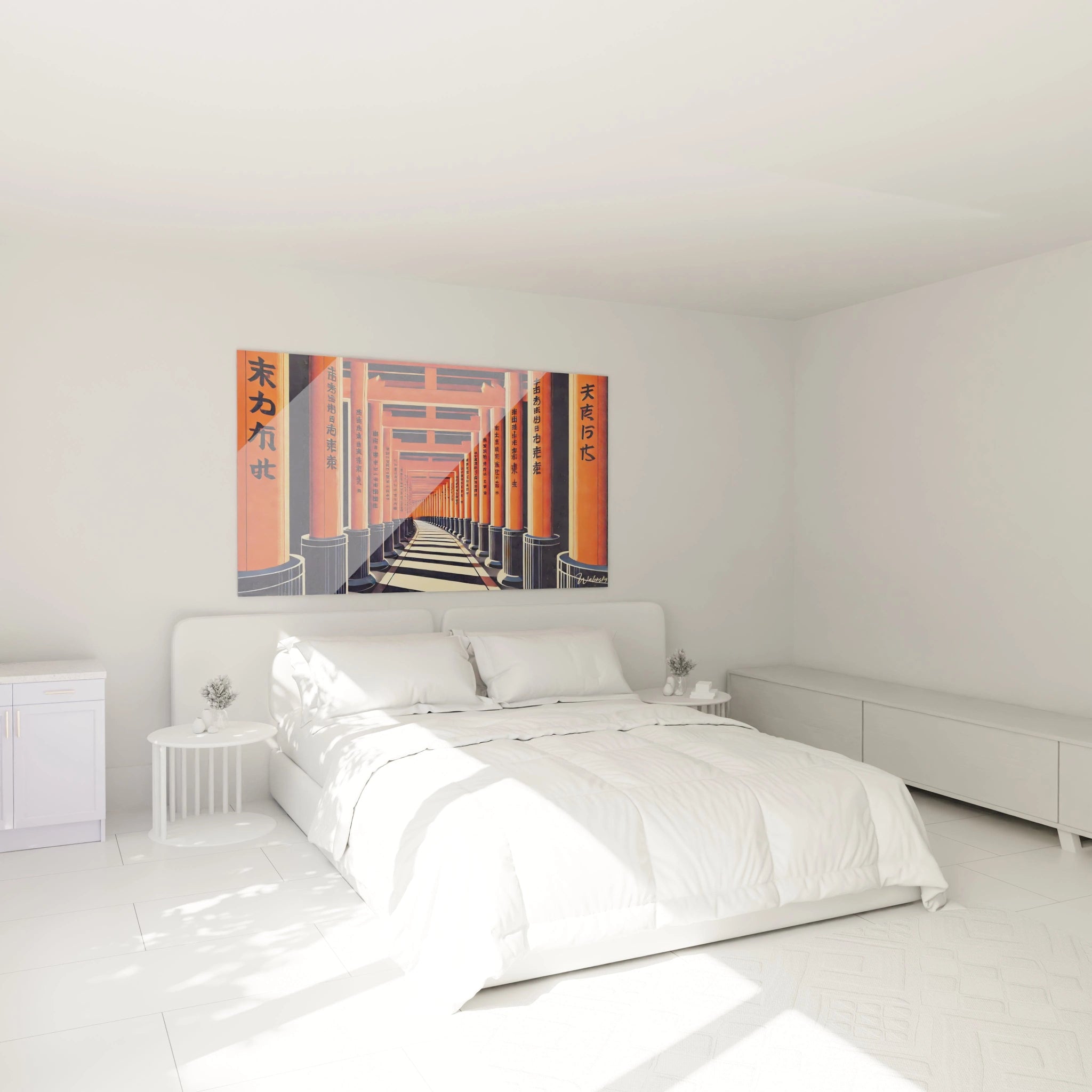 Accroché au-dessus d’un lit, ce tableau japonais illumine la chambre avec ses torii rouges et ses nuances d’orange et noir. Une ambiance méditative parfaite pour le repos et l’introspection.

