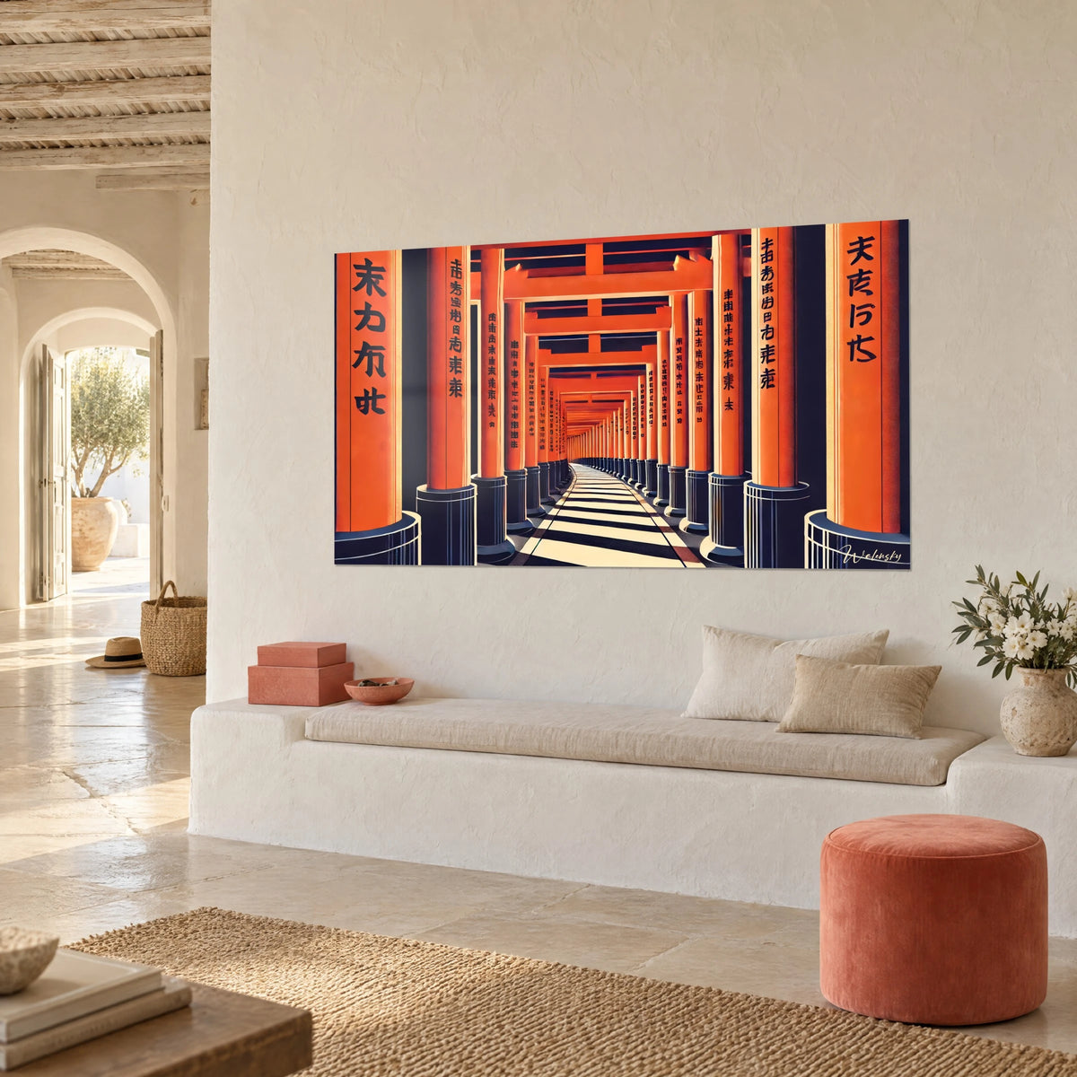 Wall art corridor of orange and navy torii gates, black characters on the pillars, displayed in a Mediterranean home