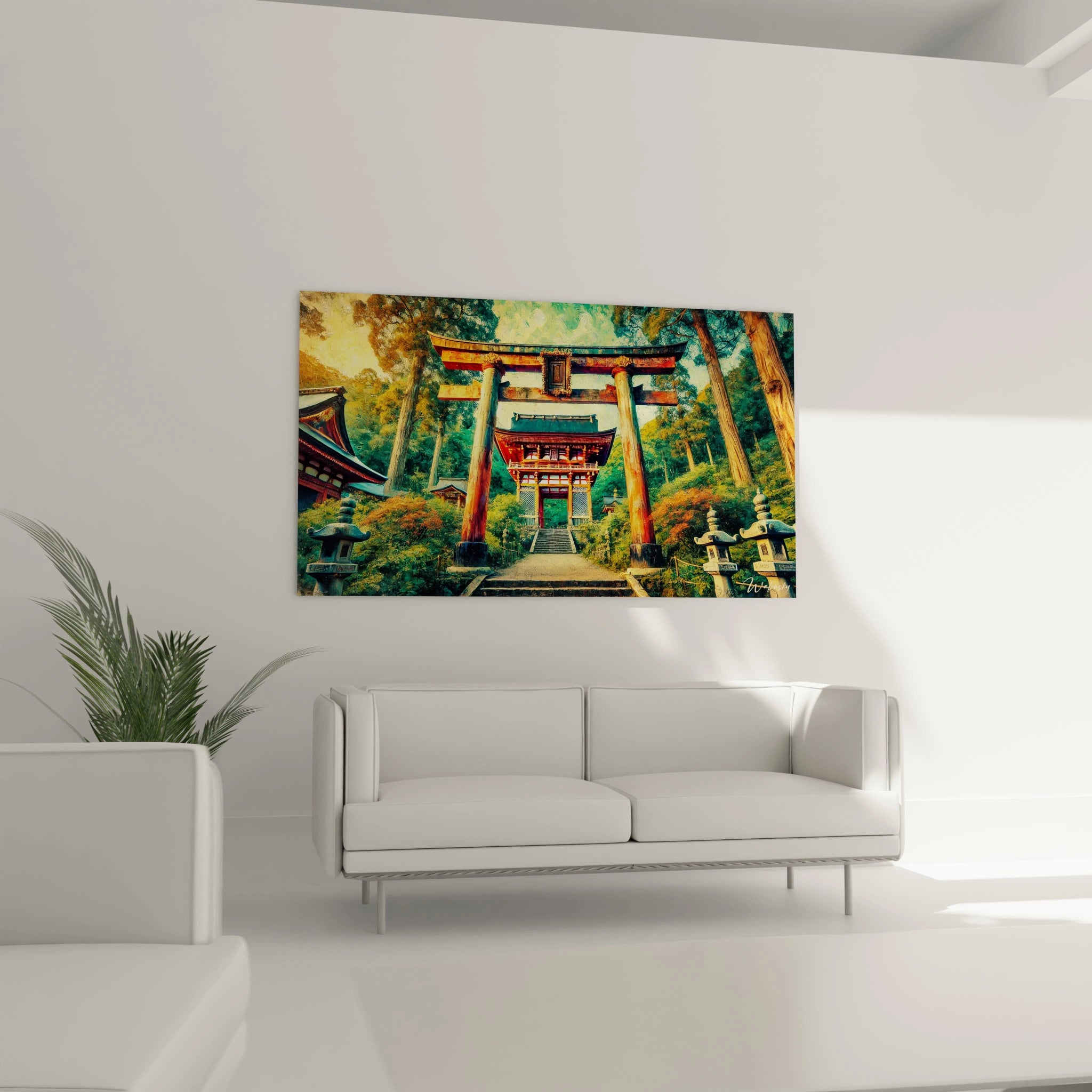 dans un salon lumineux au-dessus d’un canapé moderne, tableau japonais capturant l’harmonie entre nature et architecture sacrée; les nuances chaleureuses apportent sérénité et style raffiné à votre espace.

